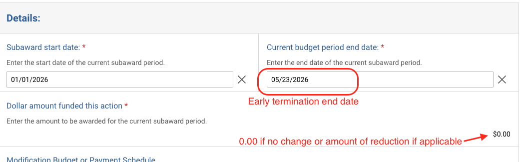 Screenshot from the Kuali Build Subaward Request showing the fields described in the web page.